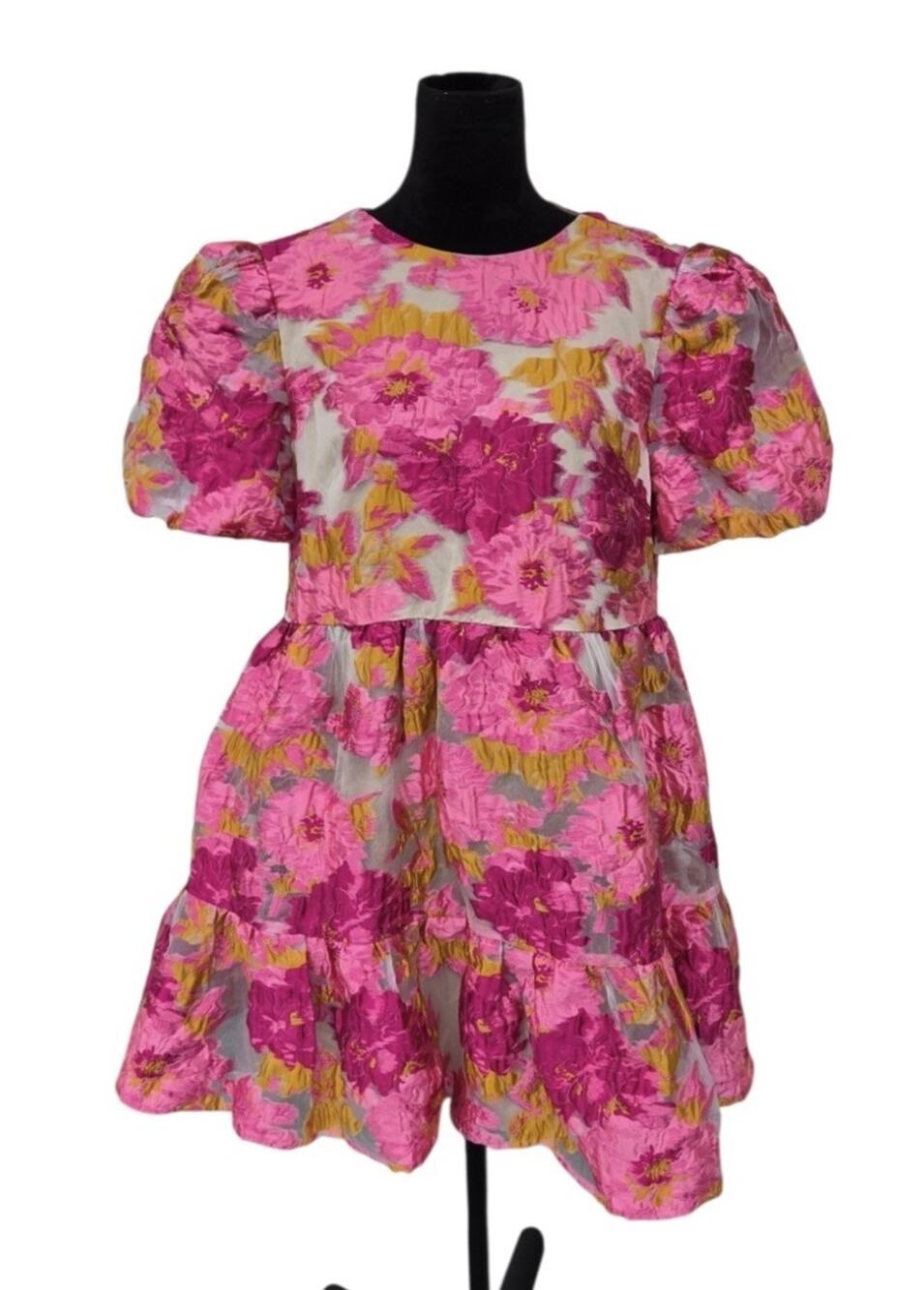 ELLIATT Floral Jacquard Puff Sleeve Tiered Babydoll Open Tie Back Mini Dress L